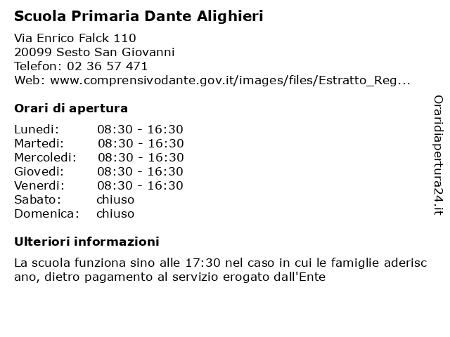 Orari di apertura Scuola Primaria Dante Alighieri Via